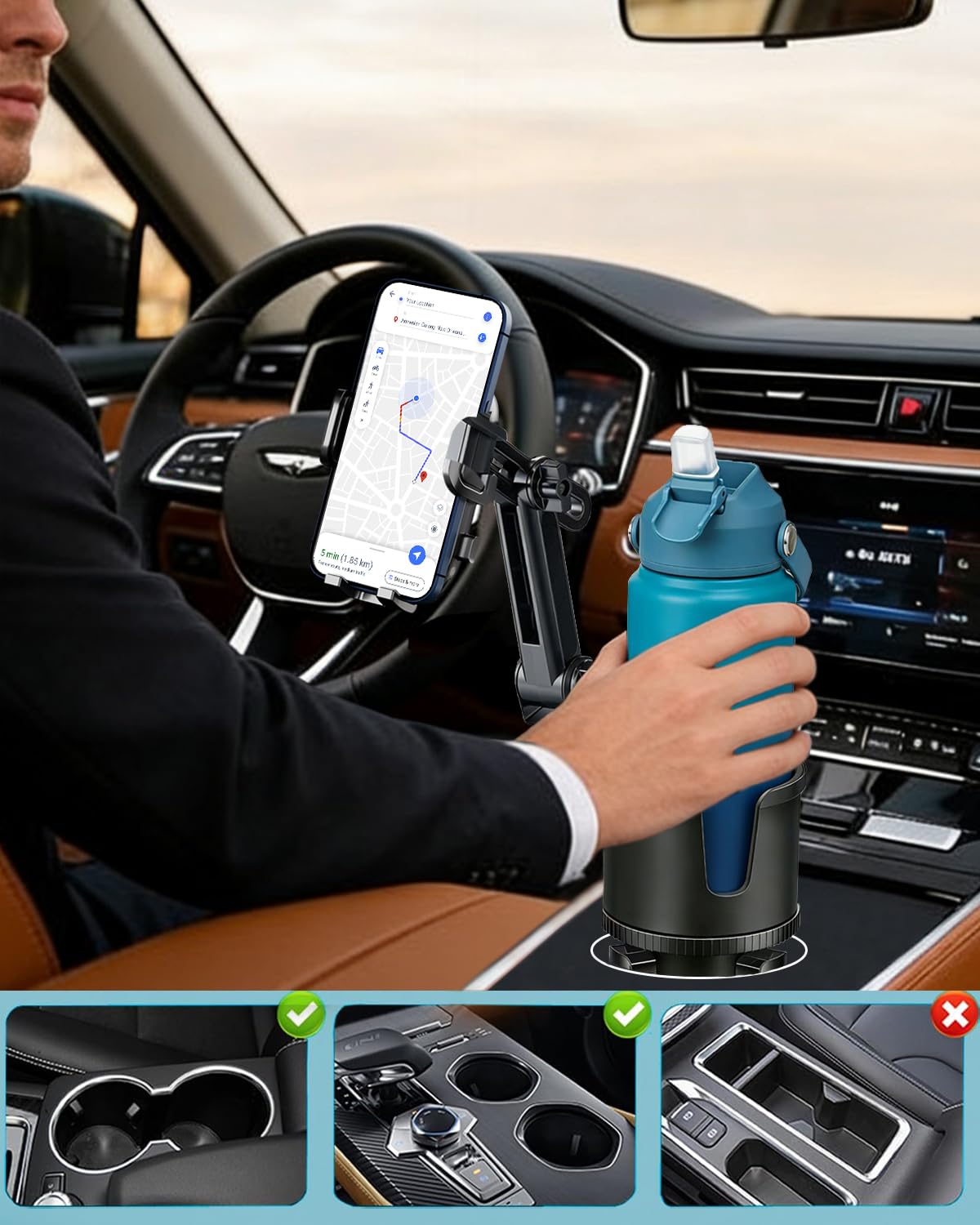 Cup Phone Holder for Car with Expandable Base (Gray)
