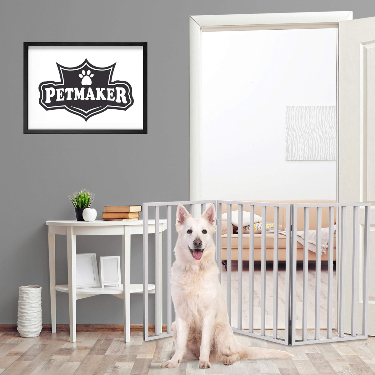Pet Gate - 3-Panel Indoor Foldable Dog Fence for Stairs, Hallways, or Doorways - 54x32-Inch Wood Freestanding Dog Gates by PETMAKER (White) (White / 3 Panel)