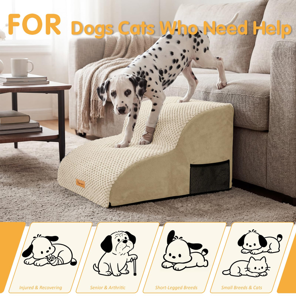 High Density Extended Foam Dog Ramp&Steps 2 Tiers (Beige / 21.7*15.7*11.8)
