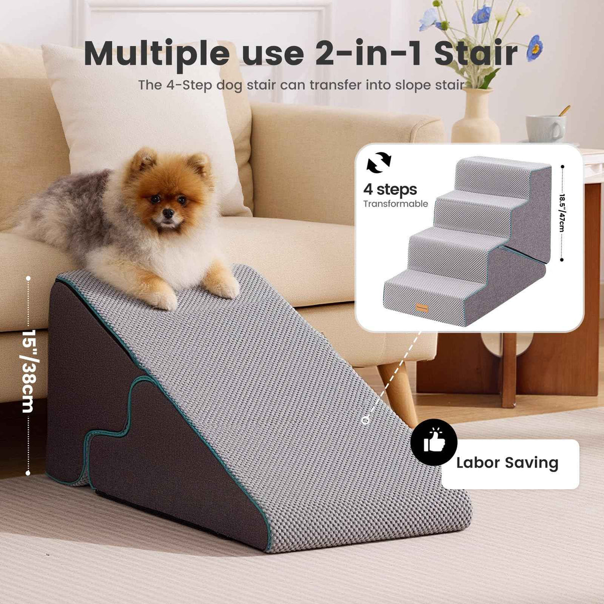 Dog Stairs for Small Dogs 18.5" H (Grey 2in1 / 15.55"x24"x18.5"Deformable)