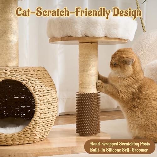 Modern Cat Tree for Indoor Small & Medium Cats (Natural w/ Bed-30")