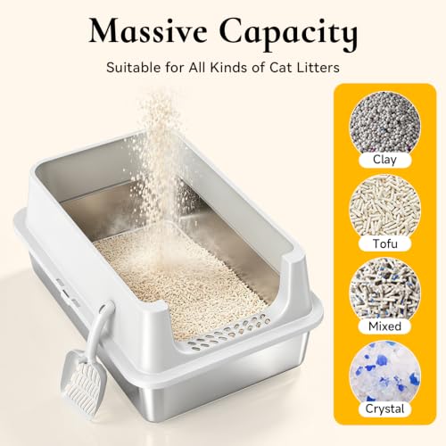 XL Open Top Stainless Steel Litter Box with High Sides (Gray-OpenTop)