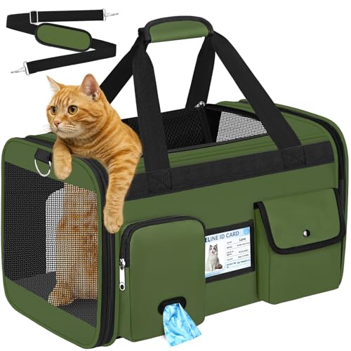 Large Cat Carrier Soft Sided Travel Pet Carrier Airline Approved (Army Green)