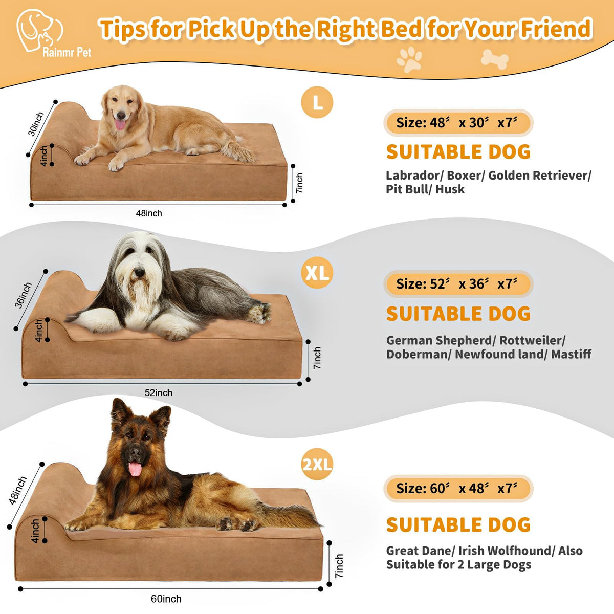 Orthopedic Dog Beds for Large Dogs (48.0"L x 30.0"W x 7.0"TH / Premium Version-Khaki)