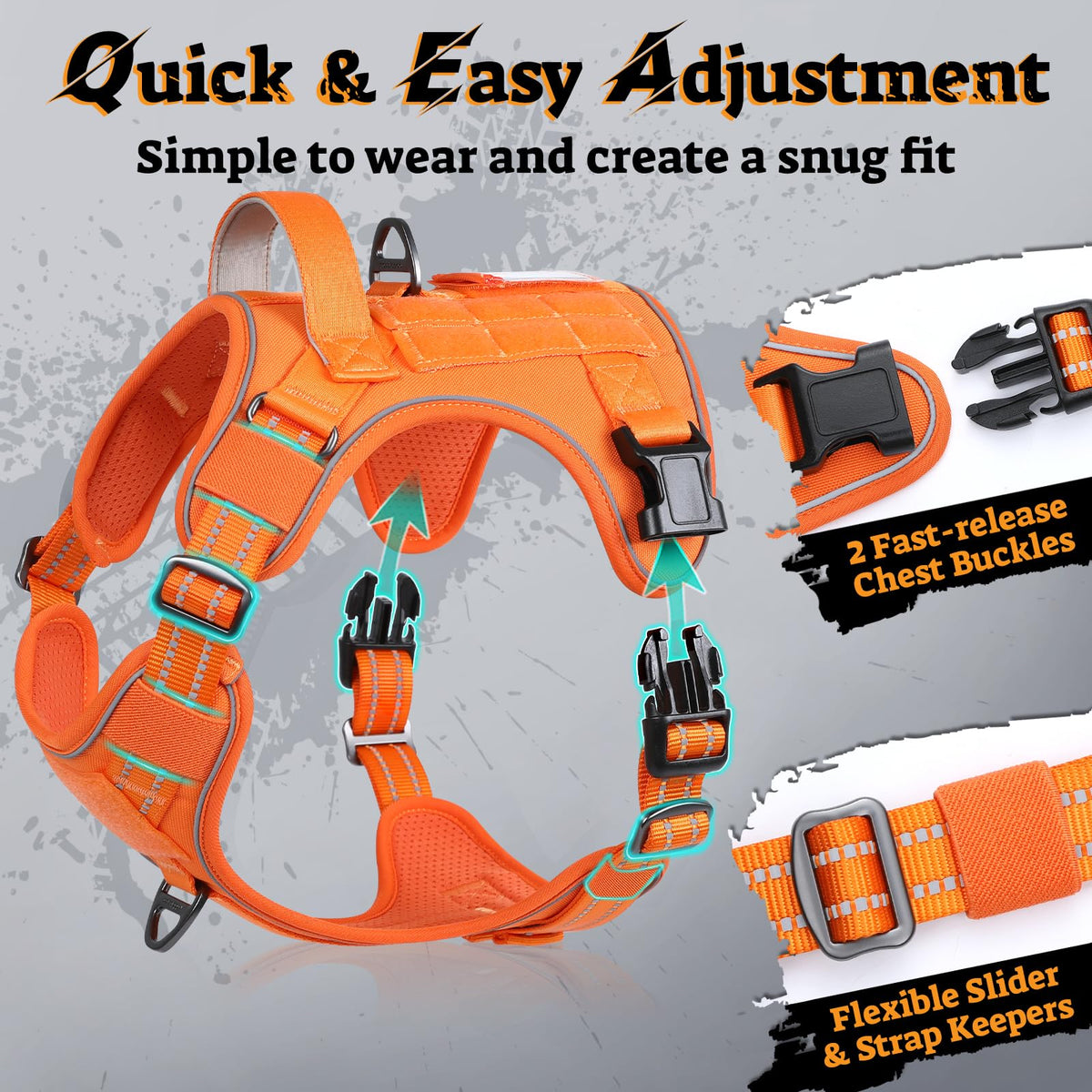 Tactical Dog Harness for Large Dogs (Xl(chest:23.6"-41.8",neck:21.7"-32.3",back:9.1") / Orange)