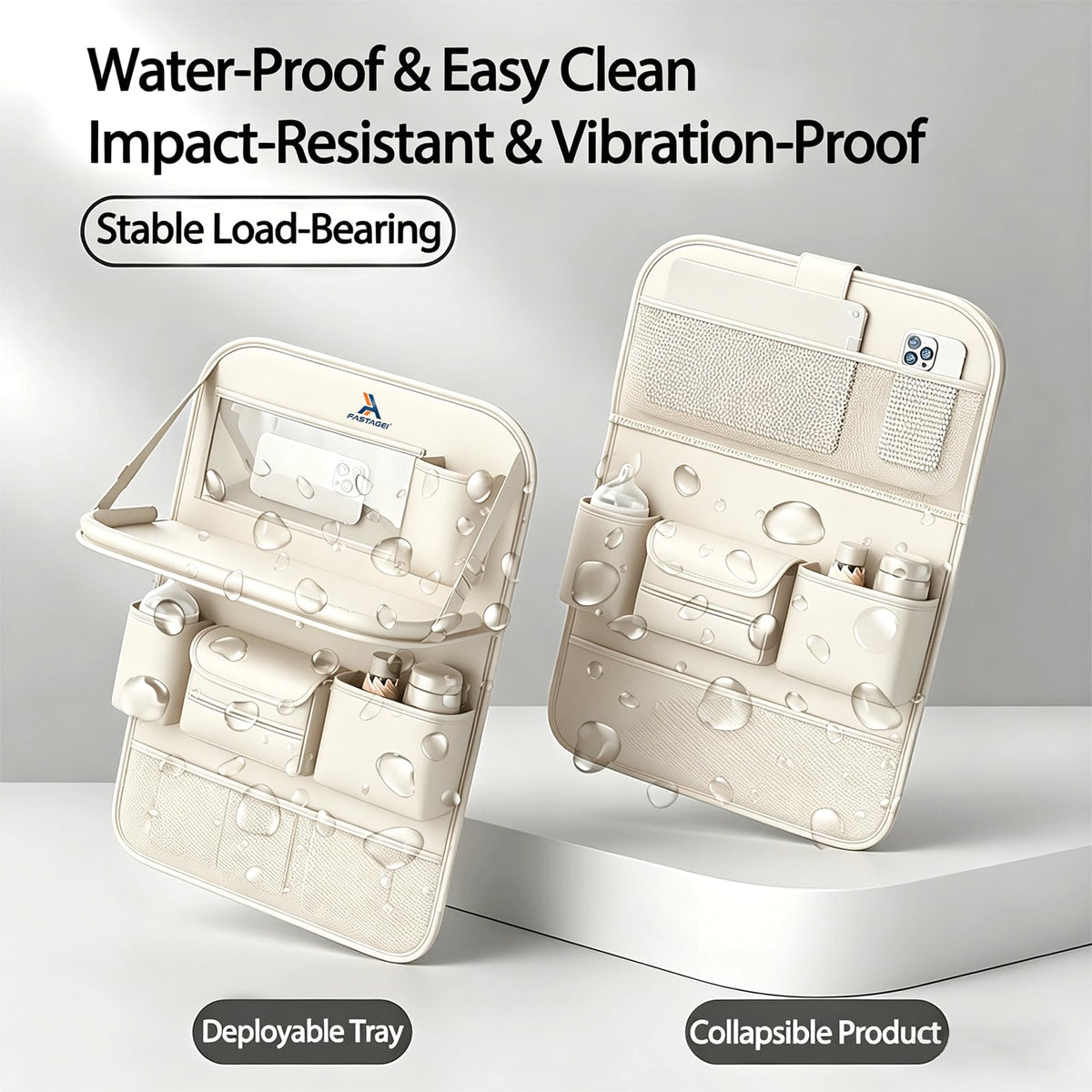 2 Pack Universal Foldable Car Backseat Organizer with Table Tray (2 Pack / Beige)