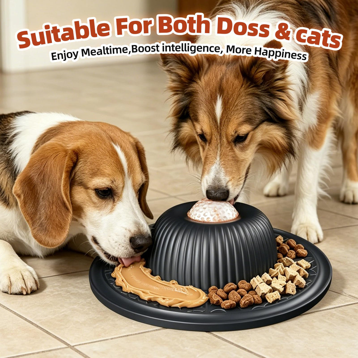 2-in-1 Dog Slow Feeder Bowl & Lick Mat with 2 Rotatable Balls, No-Slip Silicone Anxiety Relief Treat Mat for Dogs & Cats, Dishwasher Safe (Black) (Black)