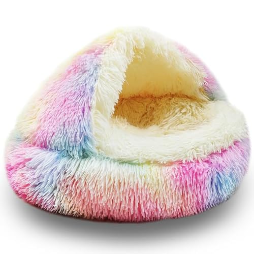 Cat Bed Round Plush Fluffy Hooded Cave (23.0"L x 23.0"W x 6.0"Th / Multicolor)