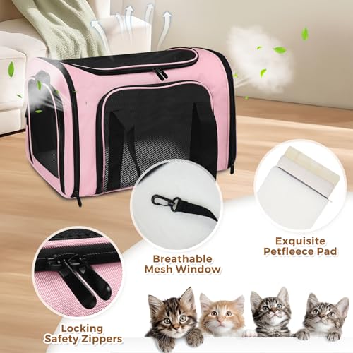 Large Cat Carrier Soft Up to 28 Lbs (20.0"L x 13.0"W x 13.0"H / Pink)