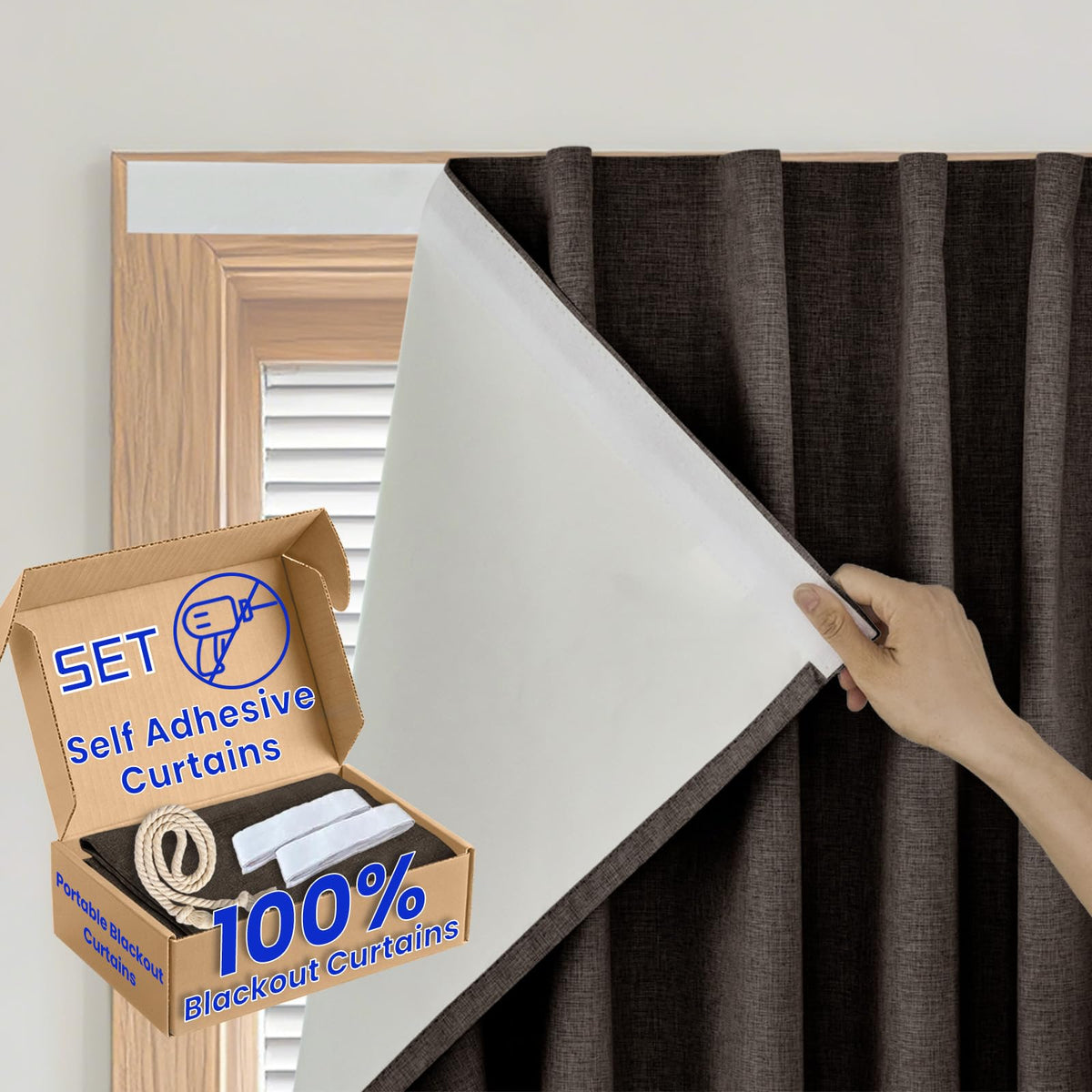 100% Blackout Magic Tape Stick On Curtains Window Shades Pull Down Blackout Window Cover No Drillng Self Adhesive Curtains No Rod Small Windows (34"W x 60"L (Pack of 1) / Dark Brown)