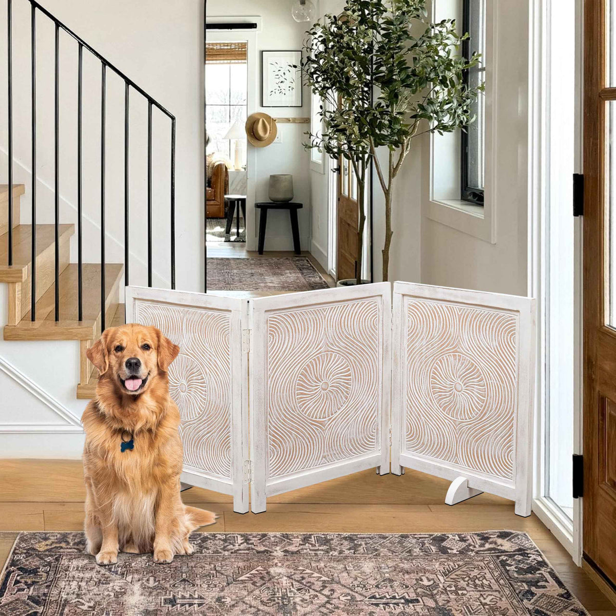 Freestanding Pet Gate for Dogs (White Antique / 54x22.5" 3 Panel Carving)