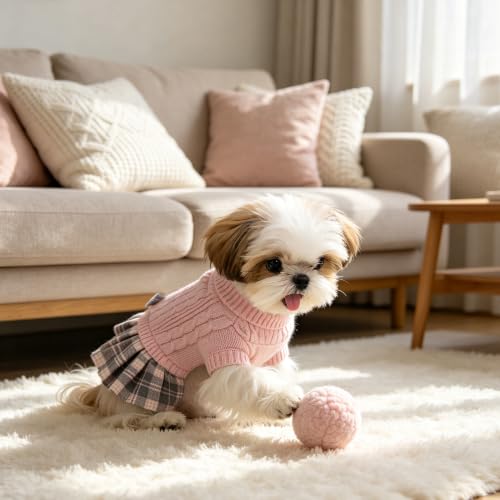 2 Pack Small Dog Sweater Dress with Bowtie Turtleneck (Medium (8-14lbs) / Grey+Pink)
