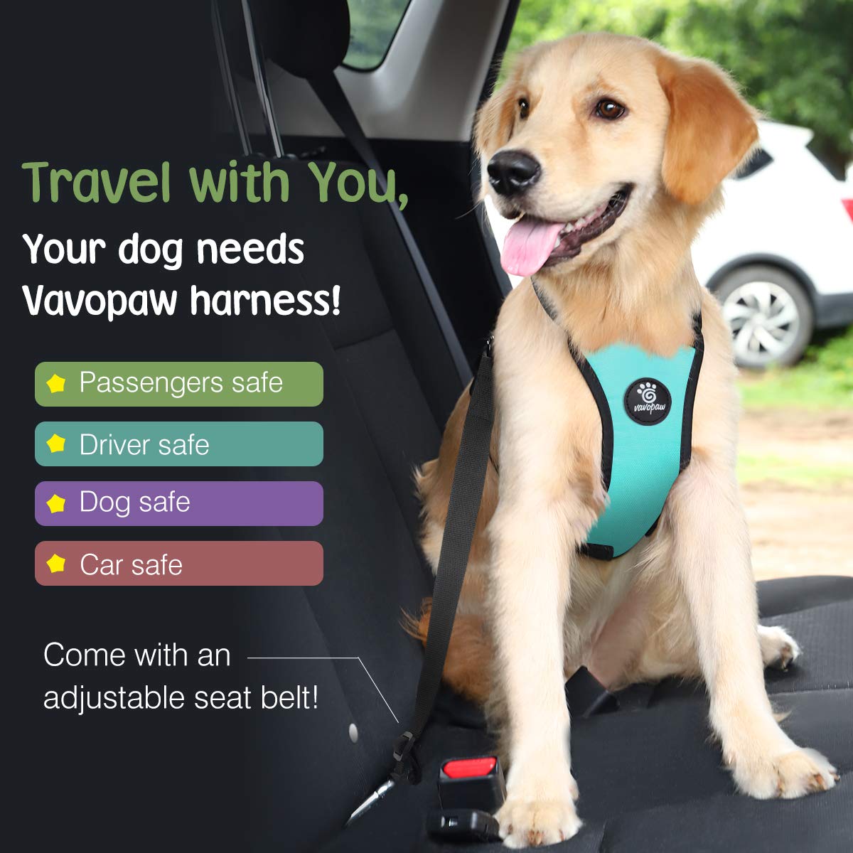 Dog Seat Belt Vest Harness for Car (Blue / M (Chest: 19.7-26.4", Neck: 12.6-20.5"))