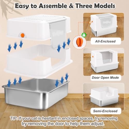 XL Enclosed Stainless Steel Cat Litter Box with Lid (White)