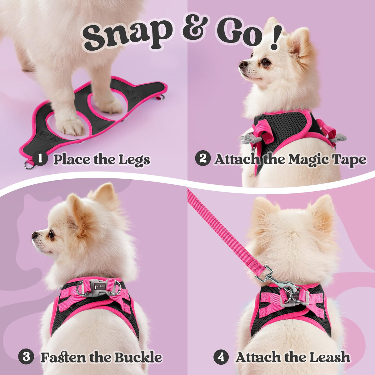 Dog Harness Small Sized and Leash Set (Black & Rose Red / L (Chest: 18.2"-20.5"))