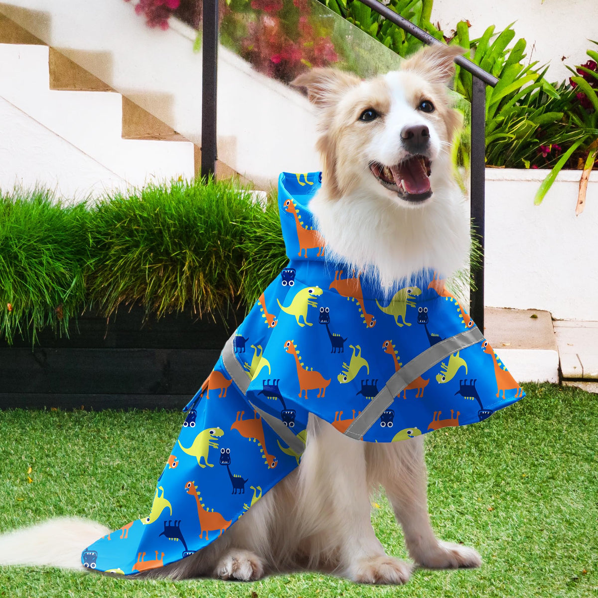Large Dog Raincoat Adjustable (Blue Dinosaur / 3X-Large (Pack of 1))