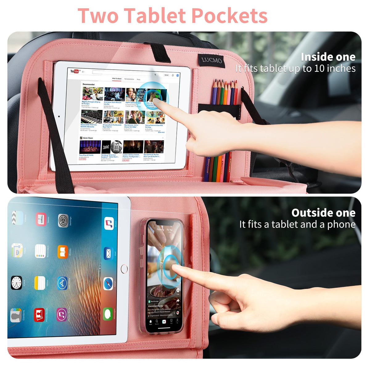 Car Backseat Organizer with Foldable Tablet Holder (Pink-3 / 2 Pack with Food Tray)