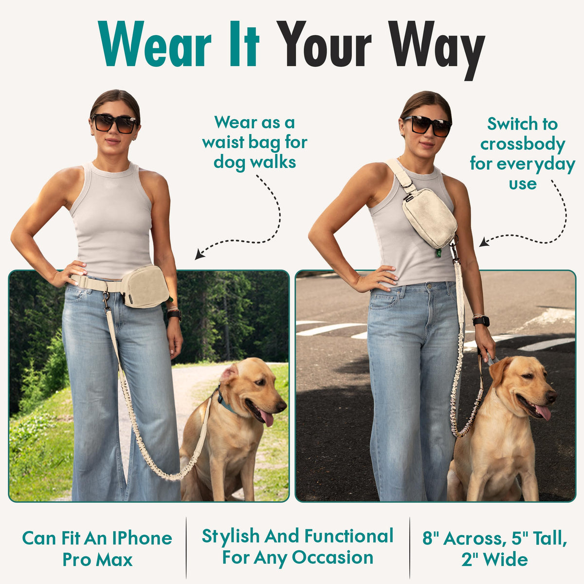 Hands Free Dog Leash with Dog Treat Pouch (Ivory)