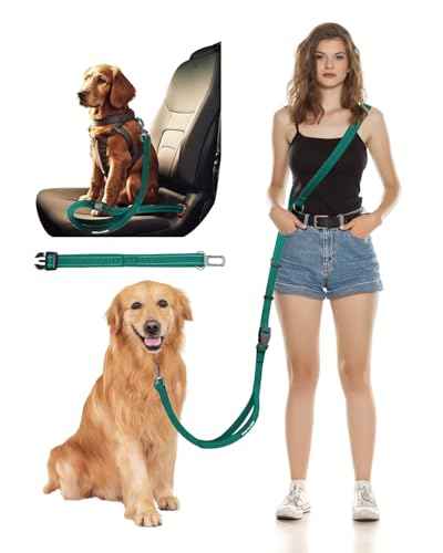 Hands Free Dog Leash with Seatbelt Set (Green (Detachable) / 71-110‘’)