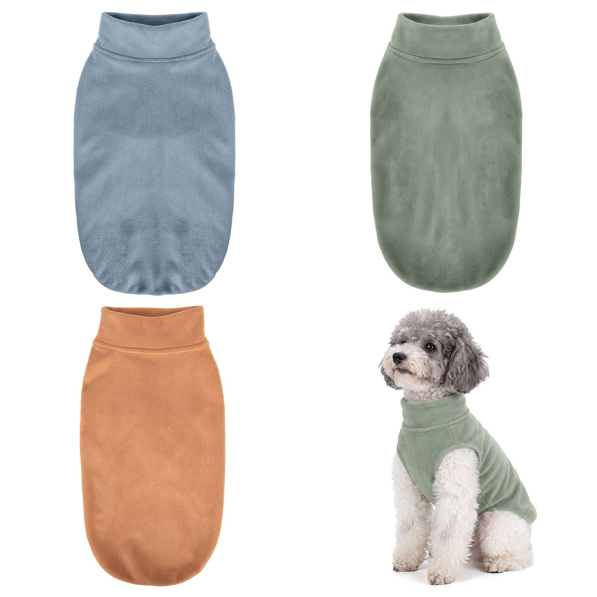 3 Pack Fleece Dog Sweaters for Small Dogs (Lt Blue+Olive+Brown / X-Large)