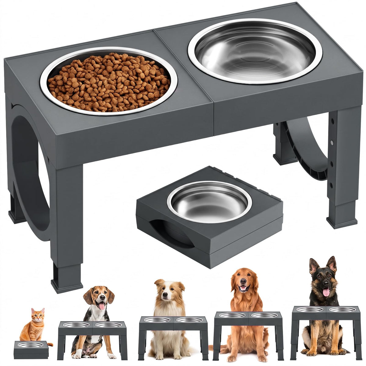 Elevated Dog Bowls Large Breed Raised Dogs Bowl Stand Large (D-Grey)