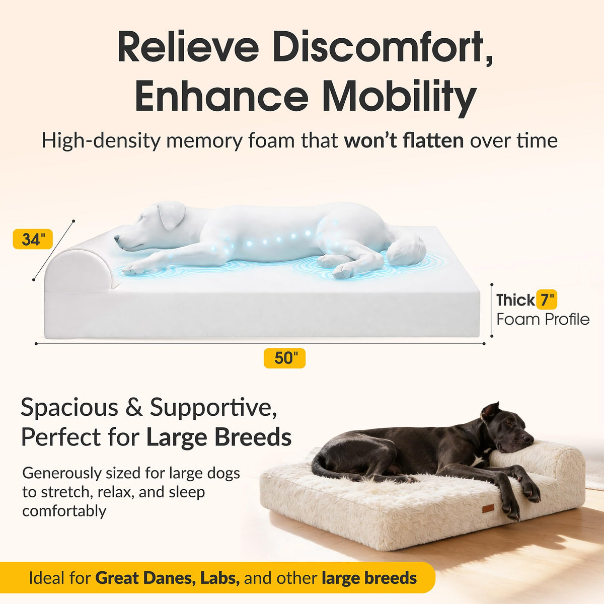 Orthopedic Memory Foam Dog Bed 7" Inch Thick Extra Large Dog Bed with Pillow Fluffy Brown 50"x34"x10" Includes Waterproof Liner & Durable Removable Cover with Smart Design (Brown (Light) - Fluffy / XL - 50"x34"x10")