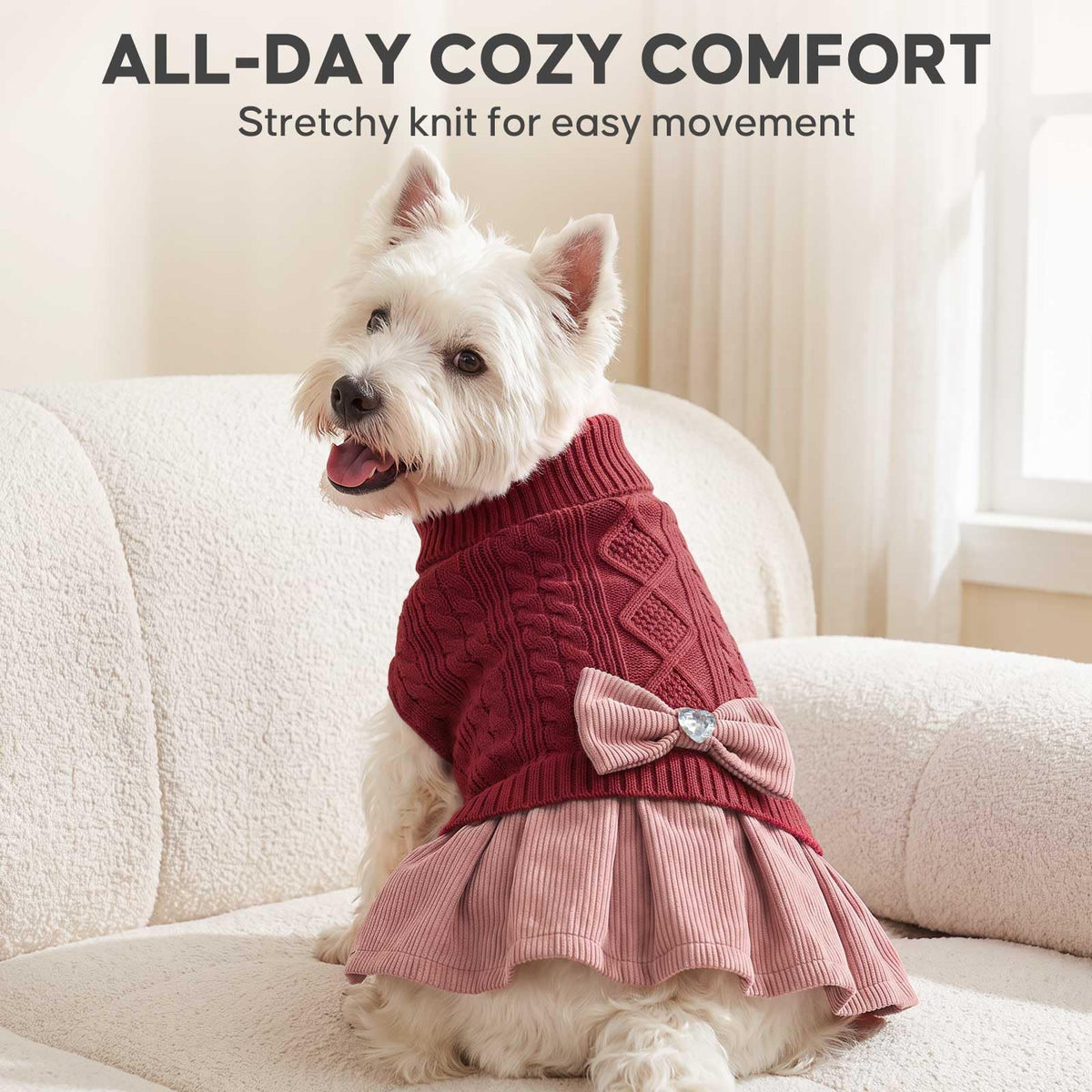 Dog Christmas Sweater Dress for Small Dogs Turtleneck Knit Pullover (Large (16-24lbs) / Red+Pink)