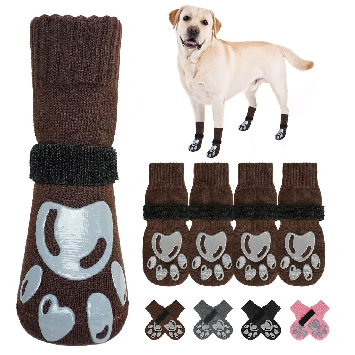 Dog Socks to Prevent Licking Paws Double Sided Grip Traction (Coffee(Paw) / L(2.6"-3" W | Pack of 4))