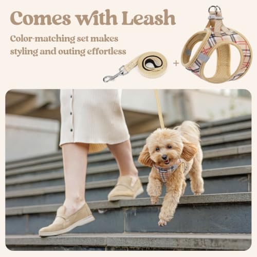 Dog Harness Medium Sized and Leash Set (Beige Plaid / M (chest: 16 - 18.5"))