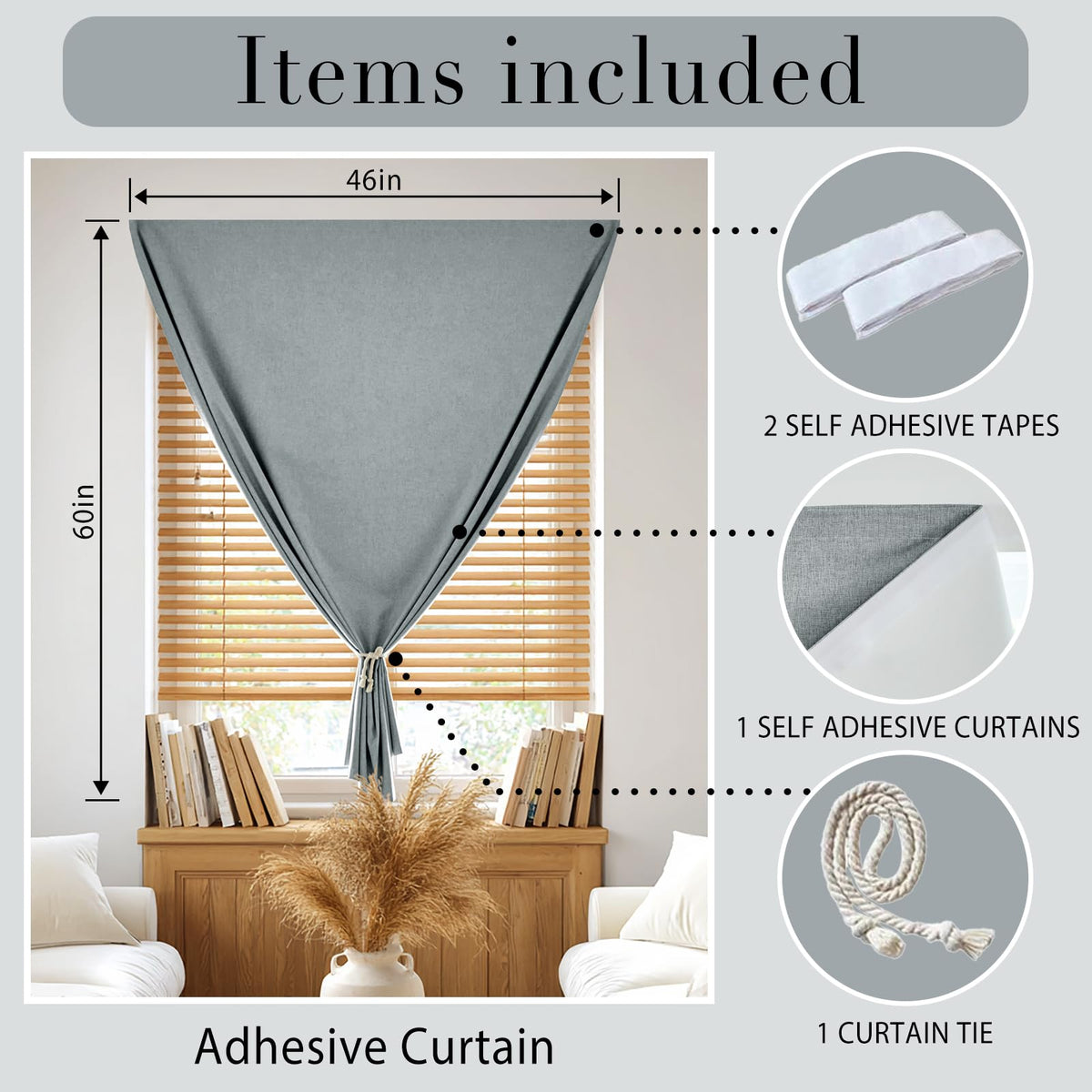 100% Blackout Self Adhesive Curtains (45"W x 60"L (Pack of 1) / Light Grey)