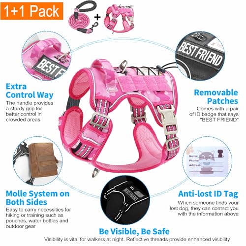 Tactical No Pull Dog Harness with Leash (Pink Camo / Medium)