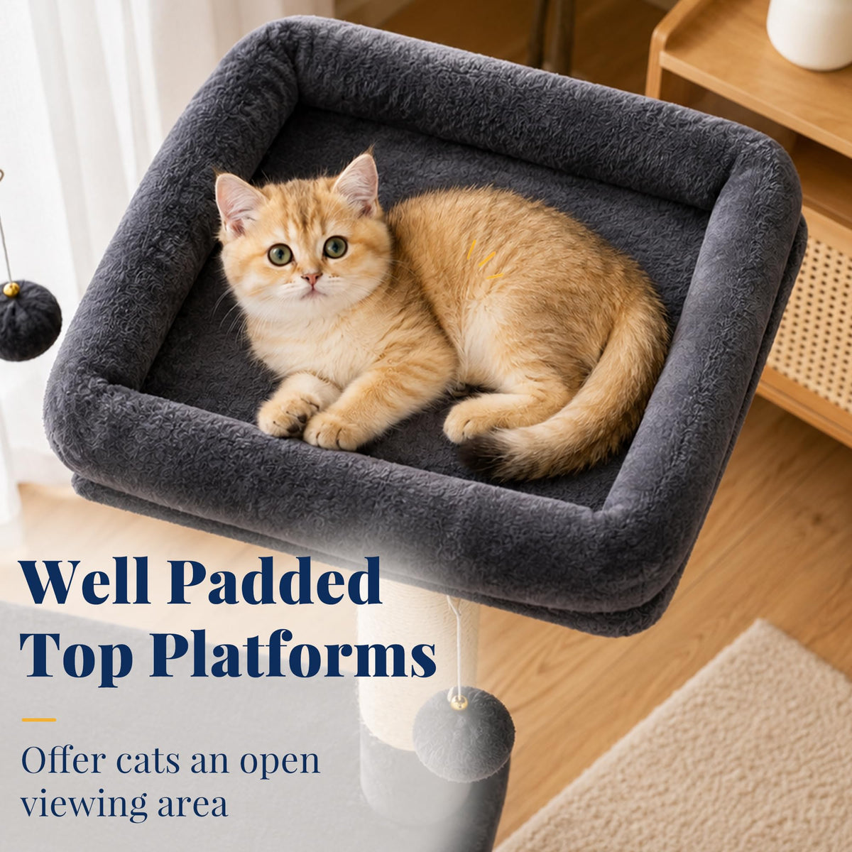 Cat Tree Tower with Padded Platform Bed (53 Inch / Smoky Gray)