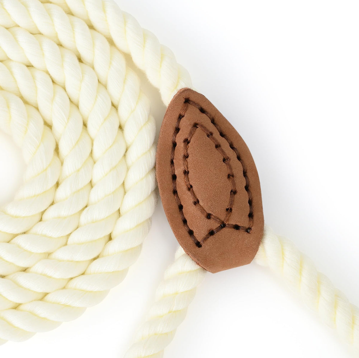 Dog Leash Braided Cotton Rope with Leather (Cream White / 60 Inch-1/2")