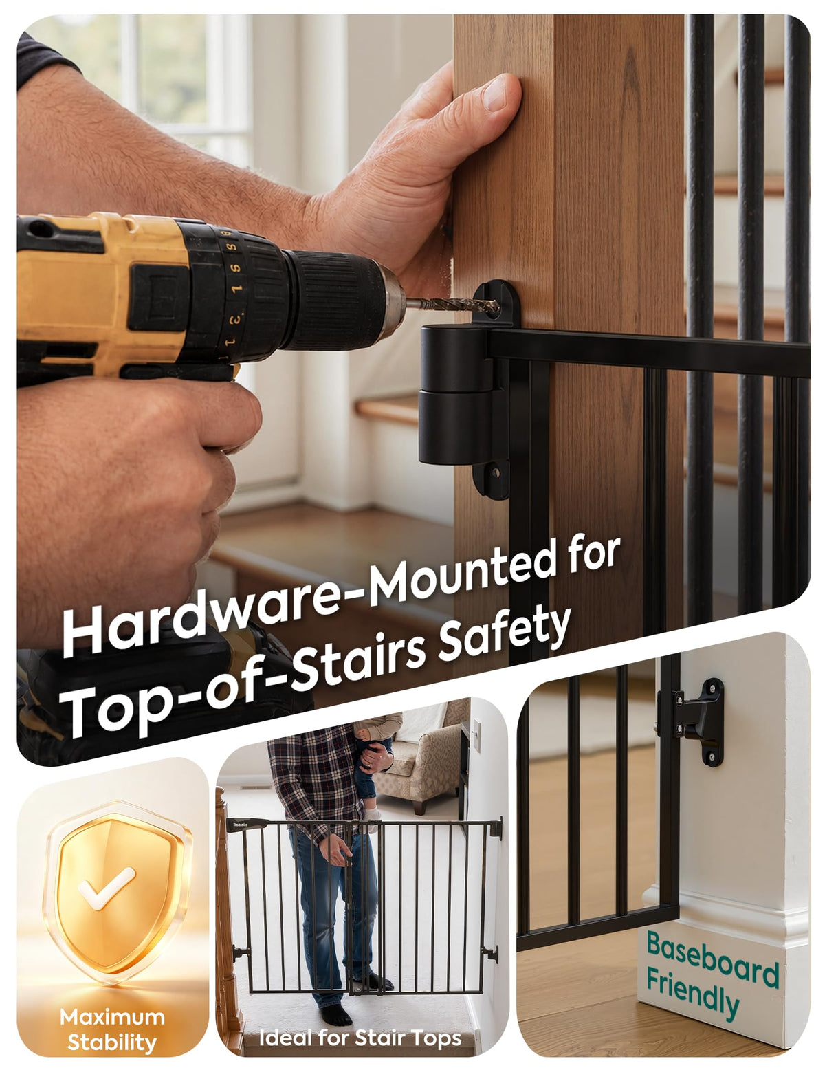 Baby Gate for Stairs (Black / 28" H, 29-49" W-Wide)