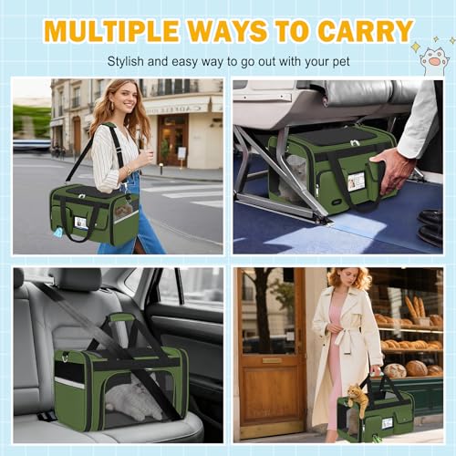 Large Cat Carrier Soft Sided Travel Pet Carrier Airline Approved (Army Green)