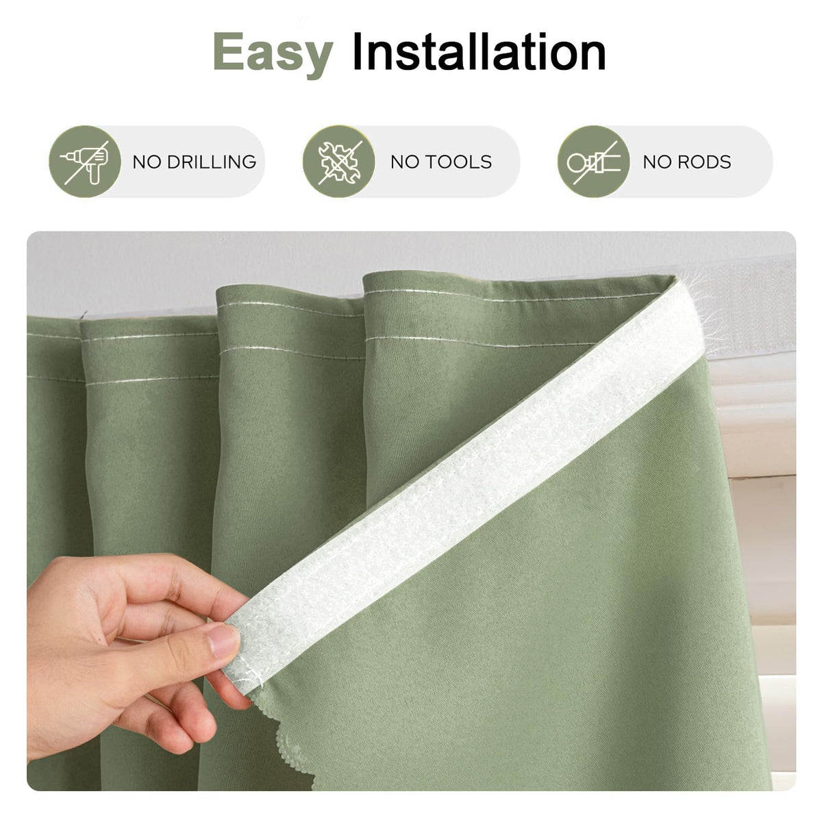 Magic Tape Blackout Curtains (47"W x 84"L (Pack of 1) / Sage Green)