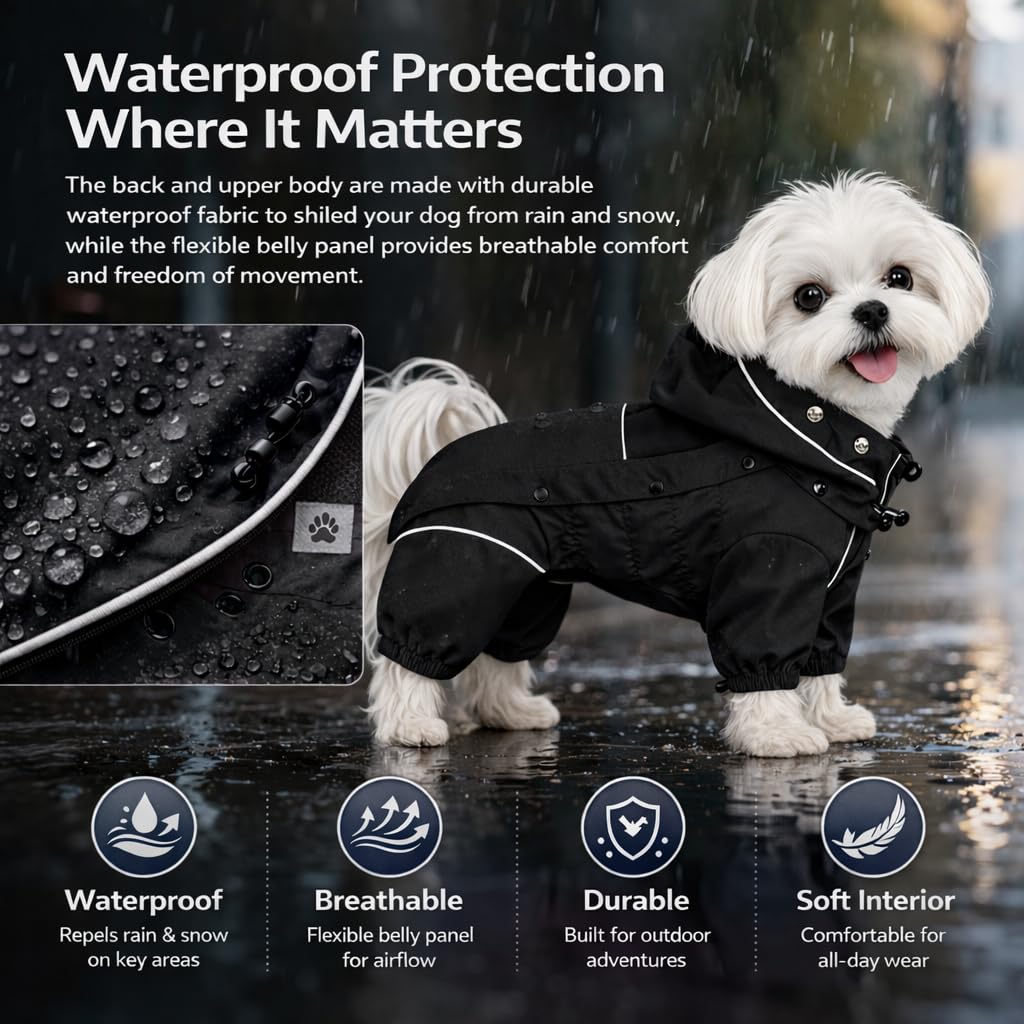 Waterproof Dog Raincoat with Removable Hood (Black / 4XL (Back 23.5"))