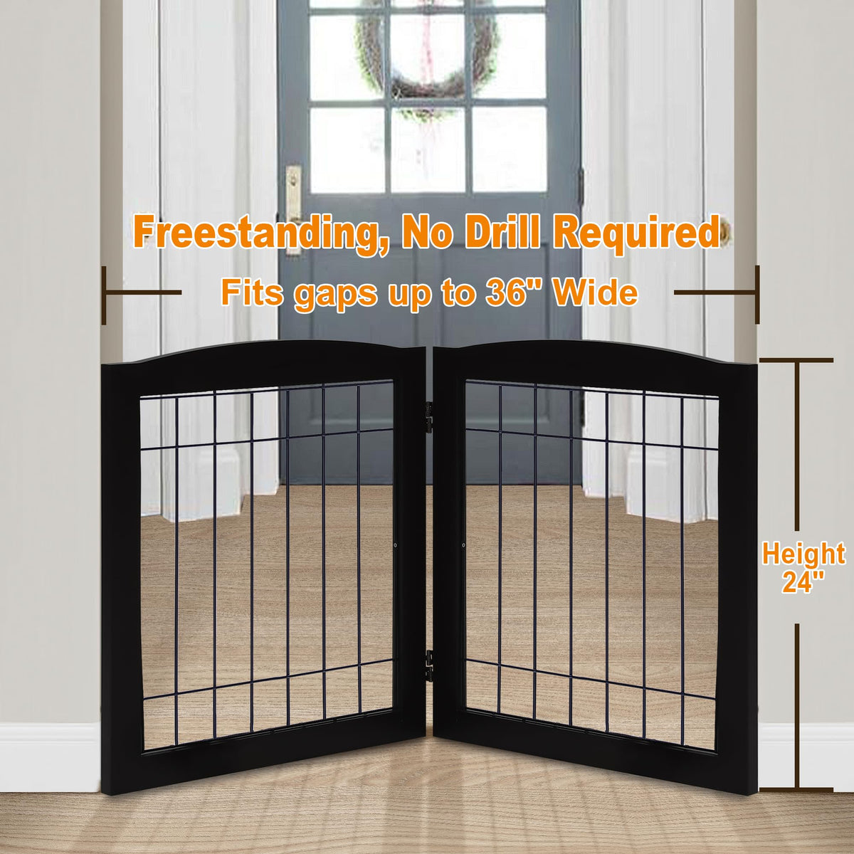 2 Panel Freestanding Foldable Wood Dog Gate (24"Height-2 Panel / Black)