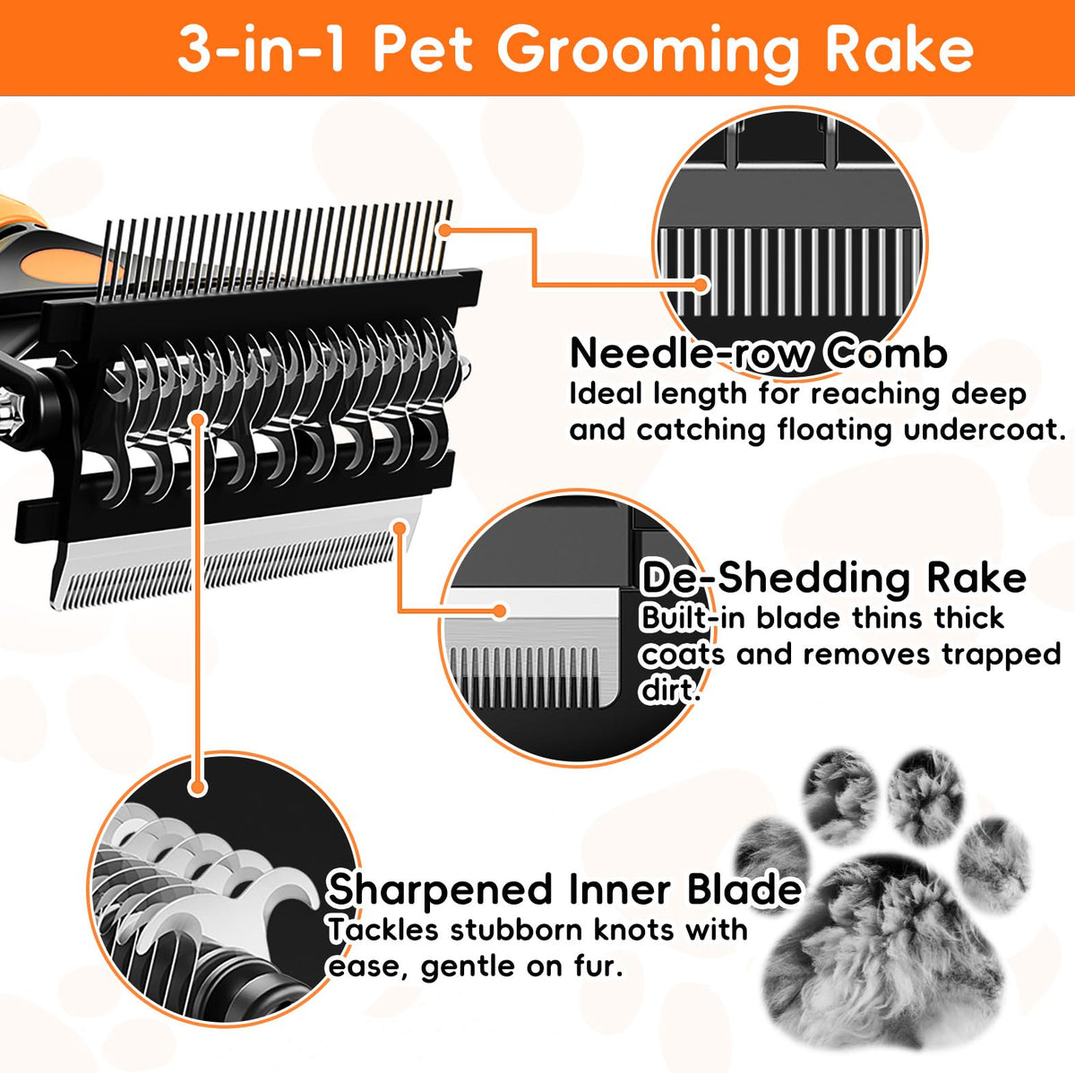 3-in-1 Professional Pet Grooming Brush for Dogs & Cats – Dematting Comb, Undercoat Rake & Deshedding Tool for Long & Short Hair, Heavy Shedding & Matted Fur (Organge) (Organge)