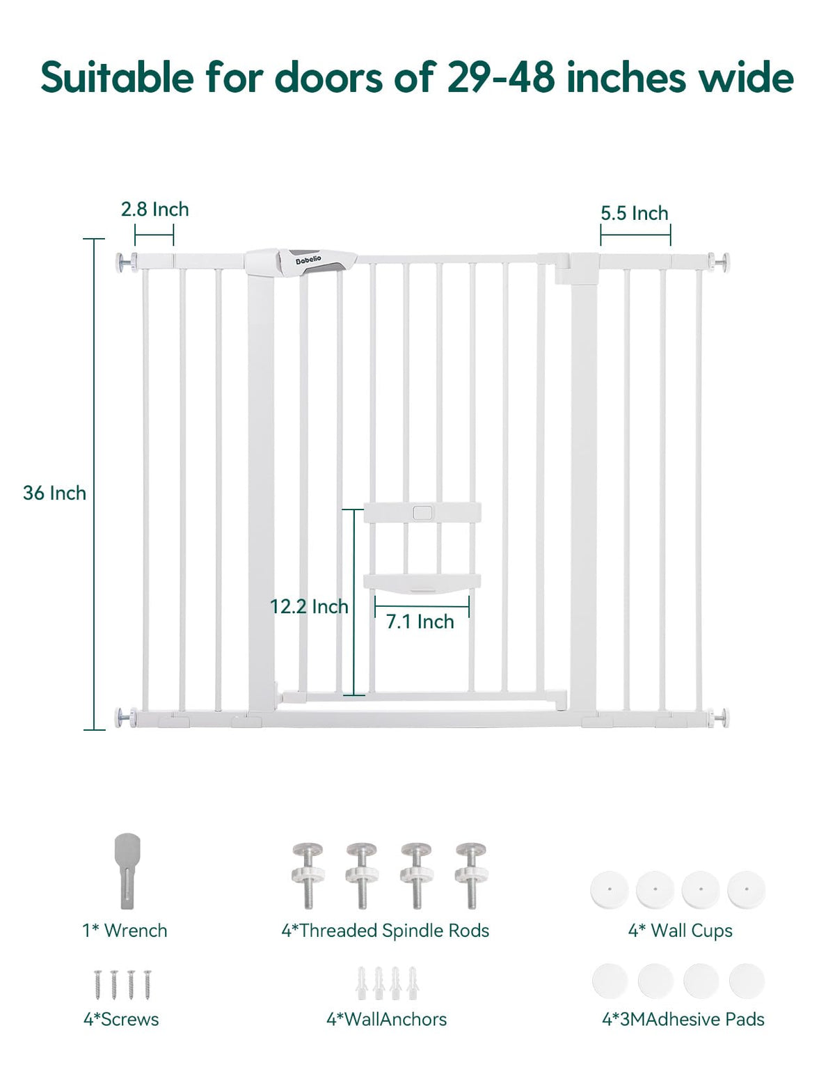 36" Tall Dog Gate with Cat Door (White / 29-48" Wide, 36" Tall)