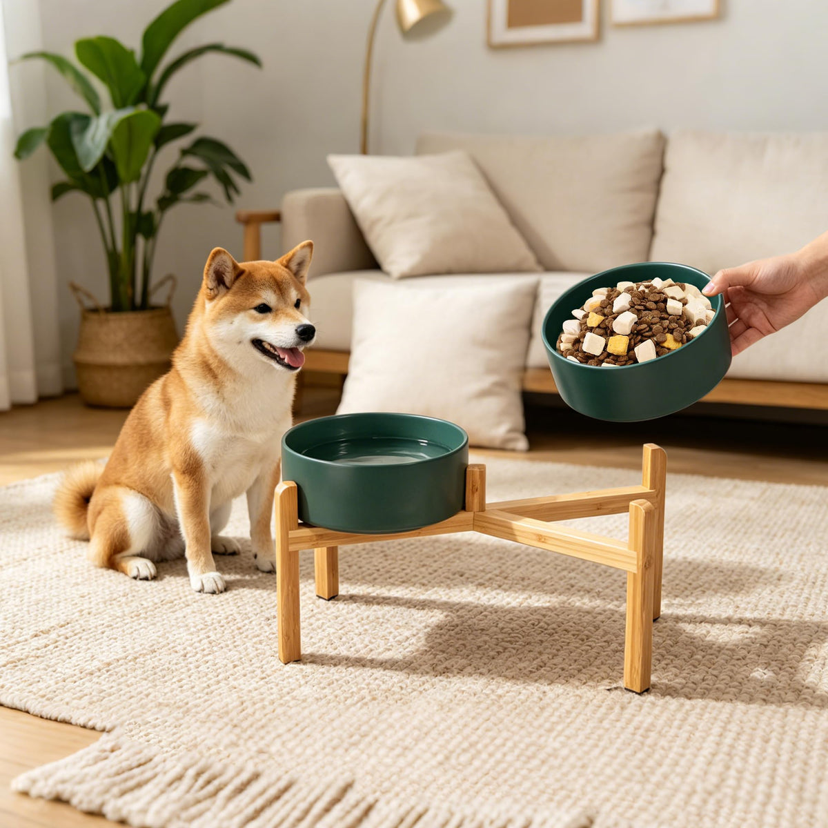 Elevated Ceramic Dog Bowl Set (Green / Large)