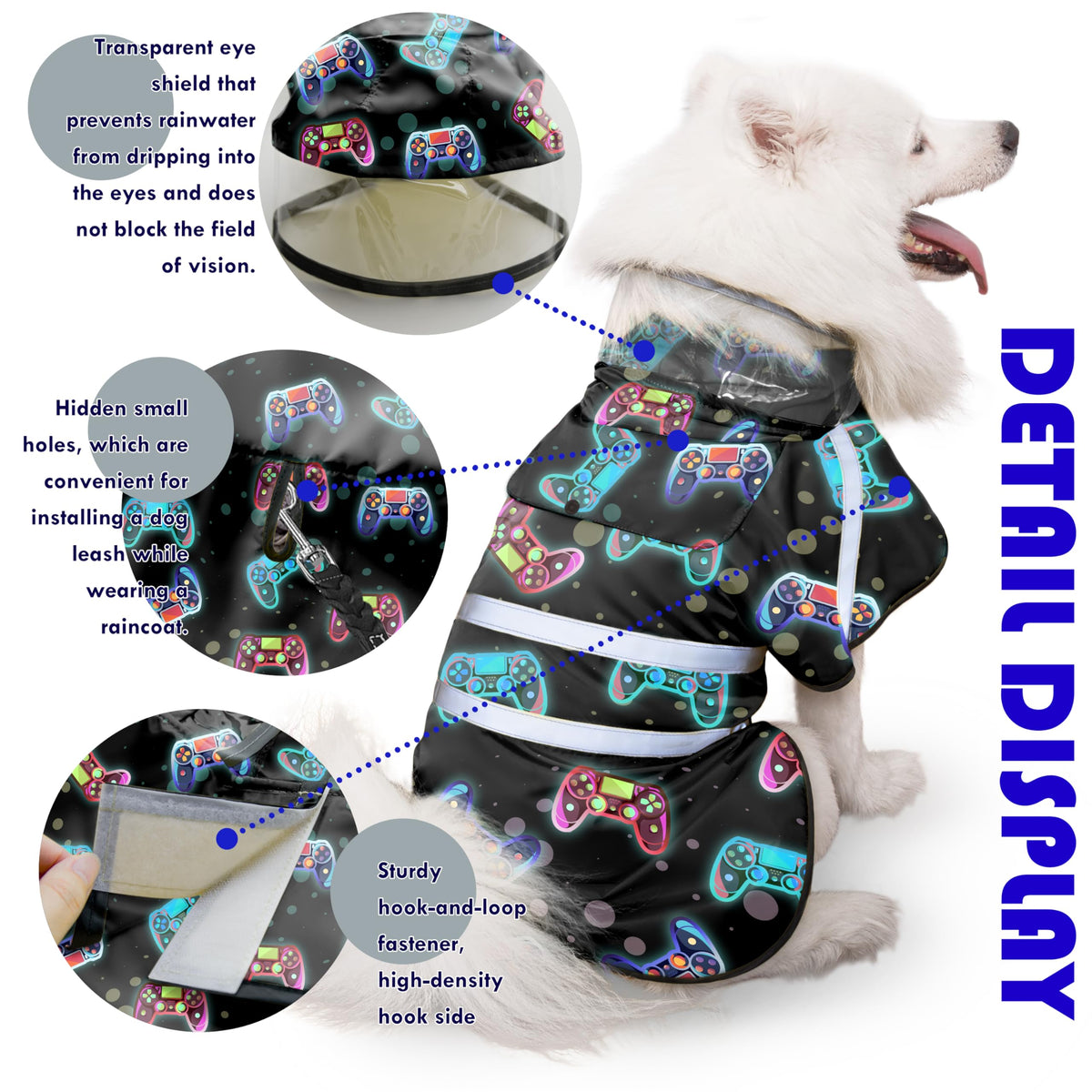 Dog Raincoat Adjustable Rain Jacket with Hooded Double Layer for Large Medium Small Dogs Puppies (Game Black / Medium)