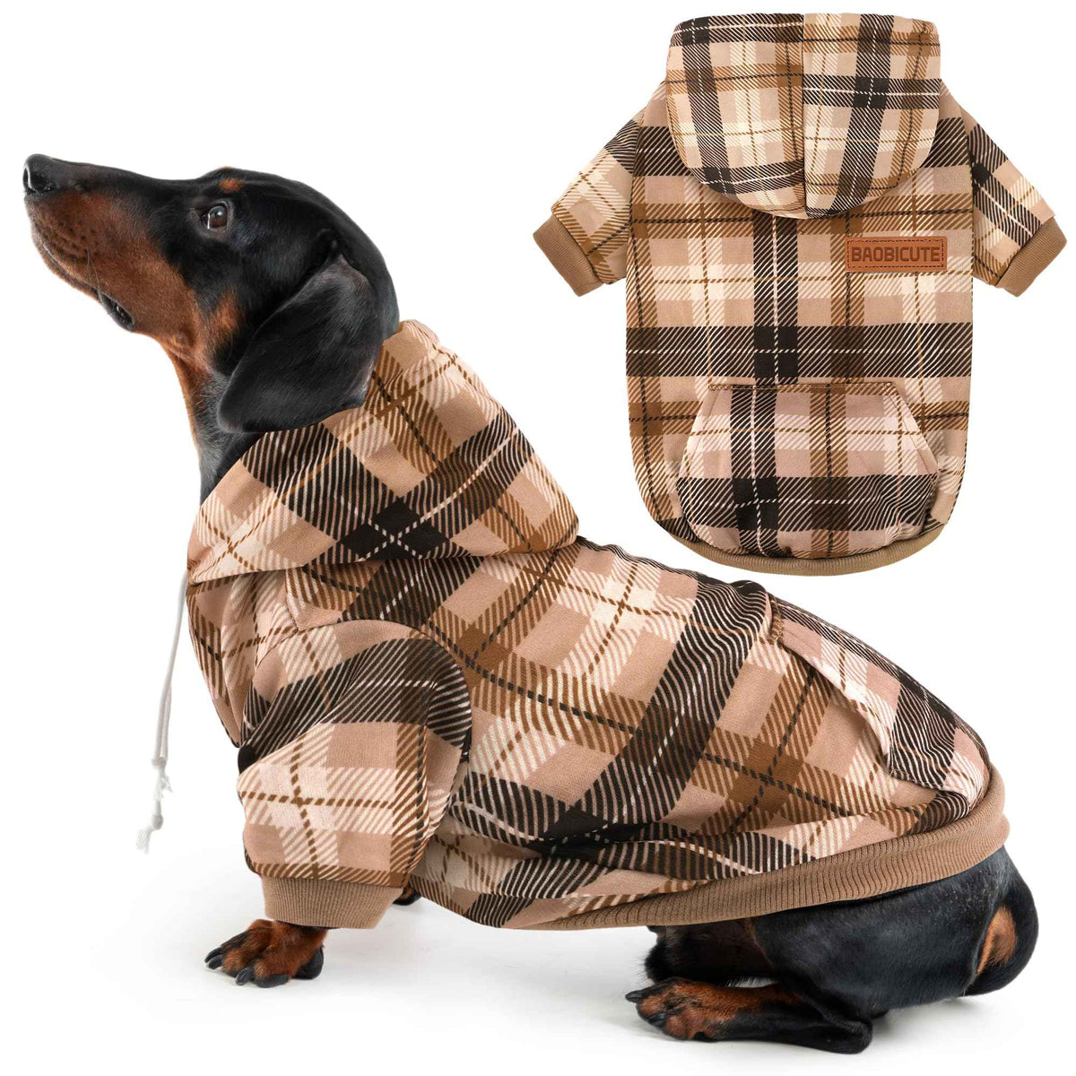 Dog Basic Hoodie Soft Dog Clothes Cold Weather Sweaters for Medium Large Dogs Cozy Fabric Warm Sweatshirt with Leash Hole for Boys (Khaki Plaid / L (Back: 20.47",Chest: 28.35",20-35lbs))