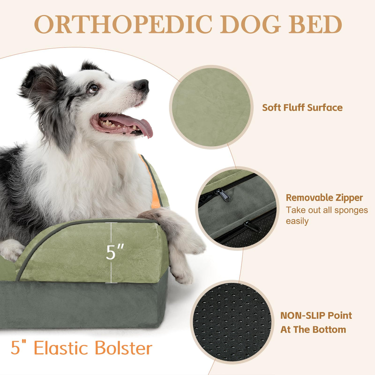 Orthopedic Dog Beds for Large Sized Dog with Bolster (36.0"L x 27.0"W x 8.0"Th / Avocado)