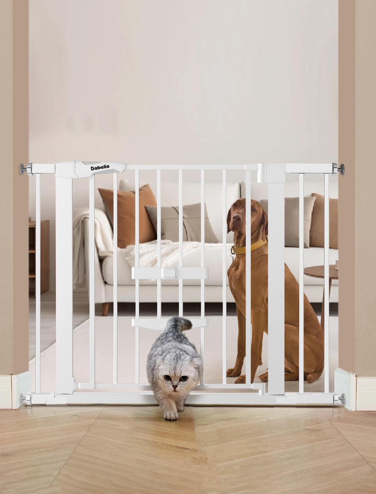 Dog Gate with Cat Door (White / 29-40" Wide, 30" Tall)