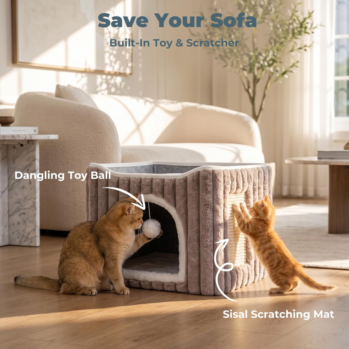 3-in-1 Cat Cave Bed for Indoor Cats with Scratch Pad (Lightbrown)