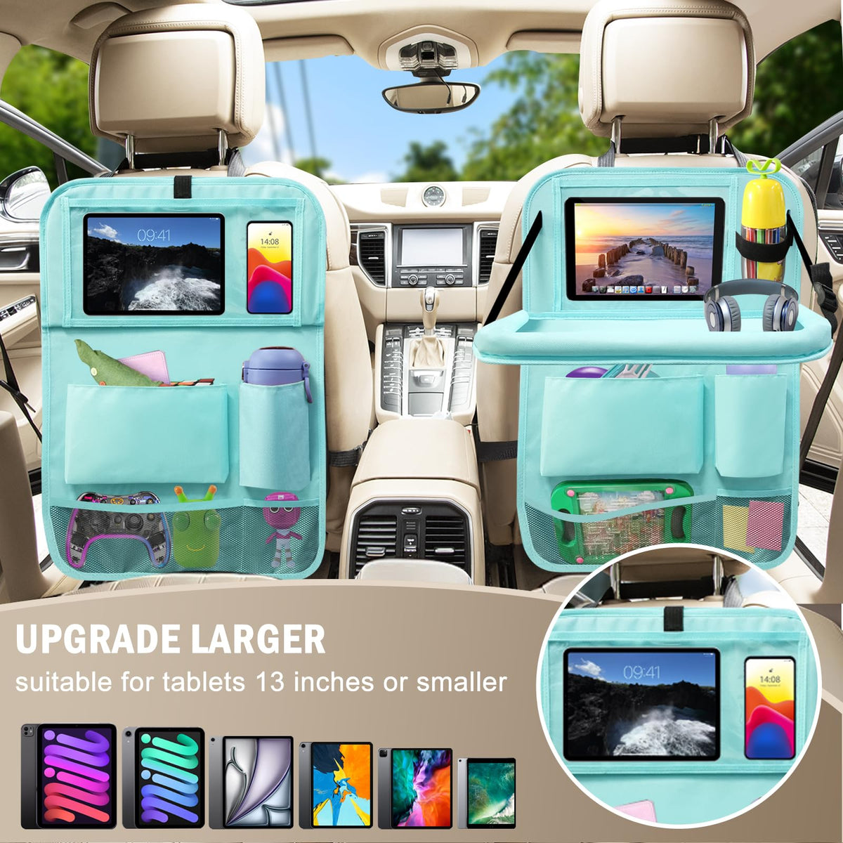 2 Pack Car Backseat Organizer with Foldable Table Tray Blue (Blue / 2 Pack with Food Tray)