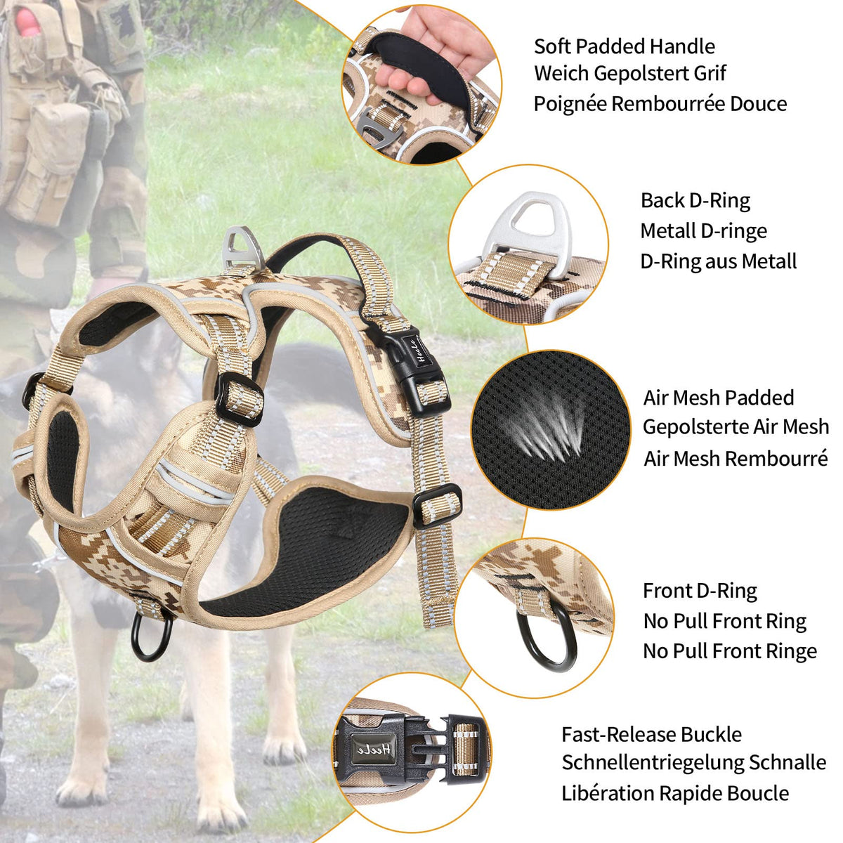 Dog Harness No Pull Adjustable Padded Reflective Harness for Small Medium Large Dogs with Handle for Walking Training (S / Camo Tan)