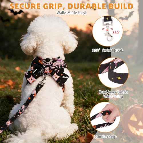 Halloween Dog Harness and Leash Set for Small Medium Sized Dogs Cats (BLACK / M (Chest Girth: 16.1"-18.9"))