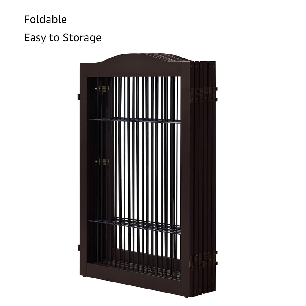132" Extra Wide Dog Gate and Pet Playpen with Walk Through Door (Espresso / 132"W×31.5"H)